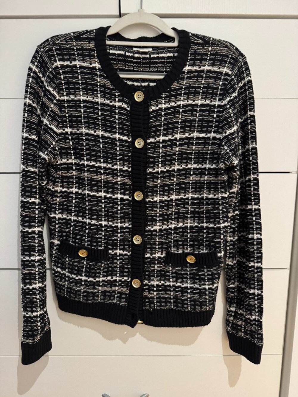 J.Crew Factory Black & Ivory Tweed-Knit Lady Cardigan Gold Buttons S